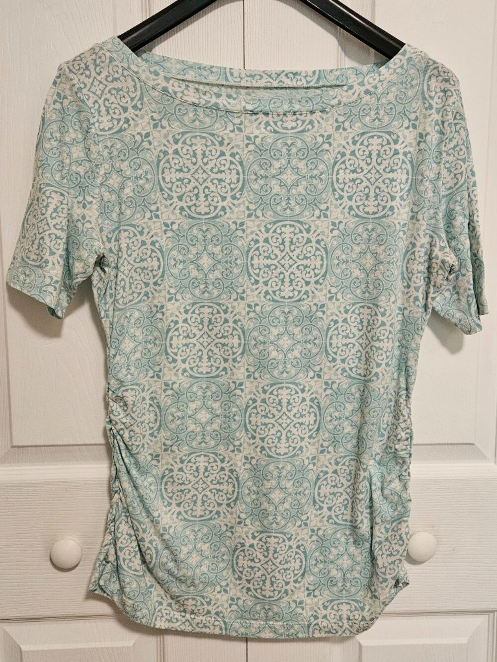 New York & Company Women's Teal Patterned T-Shirt Ruching Wide Neck Size L